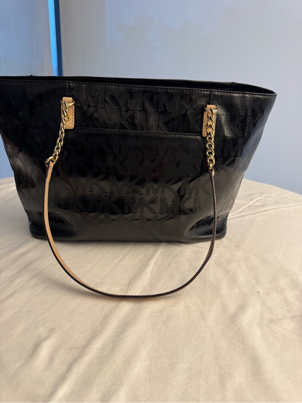 Michael Kors Black MK Logo Tote with Gold Chain Straps